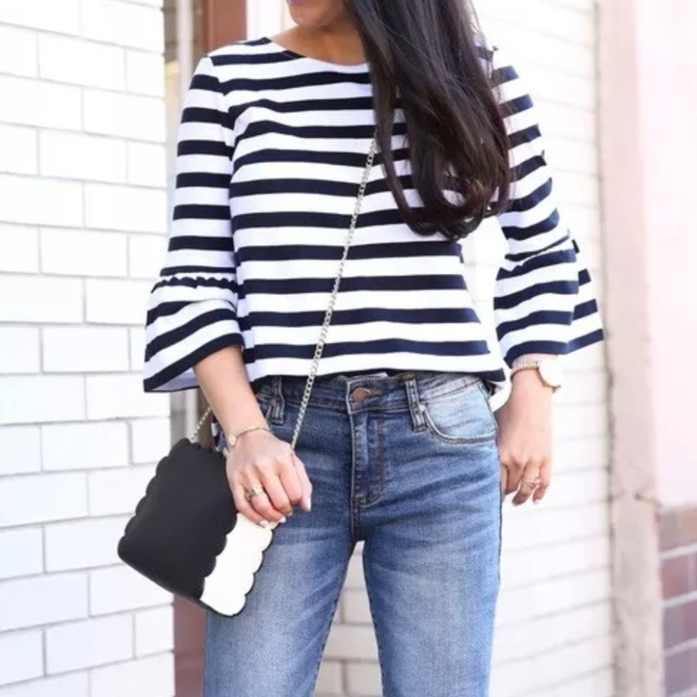 Talbots Navy‎ & White Bell Sleeve Striped Cotton Zip Back Top, Medium